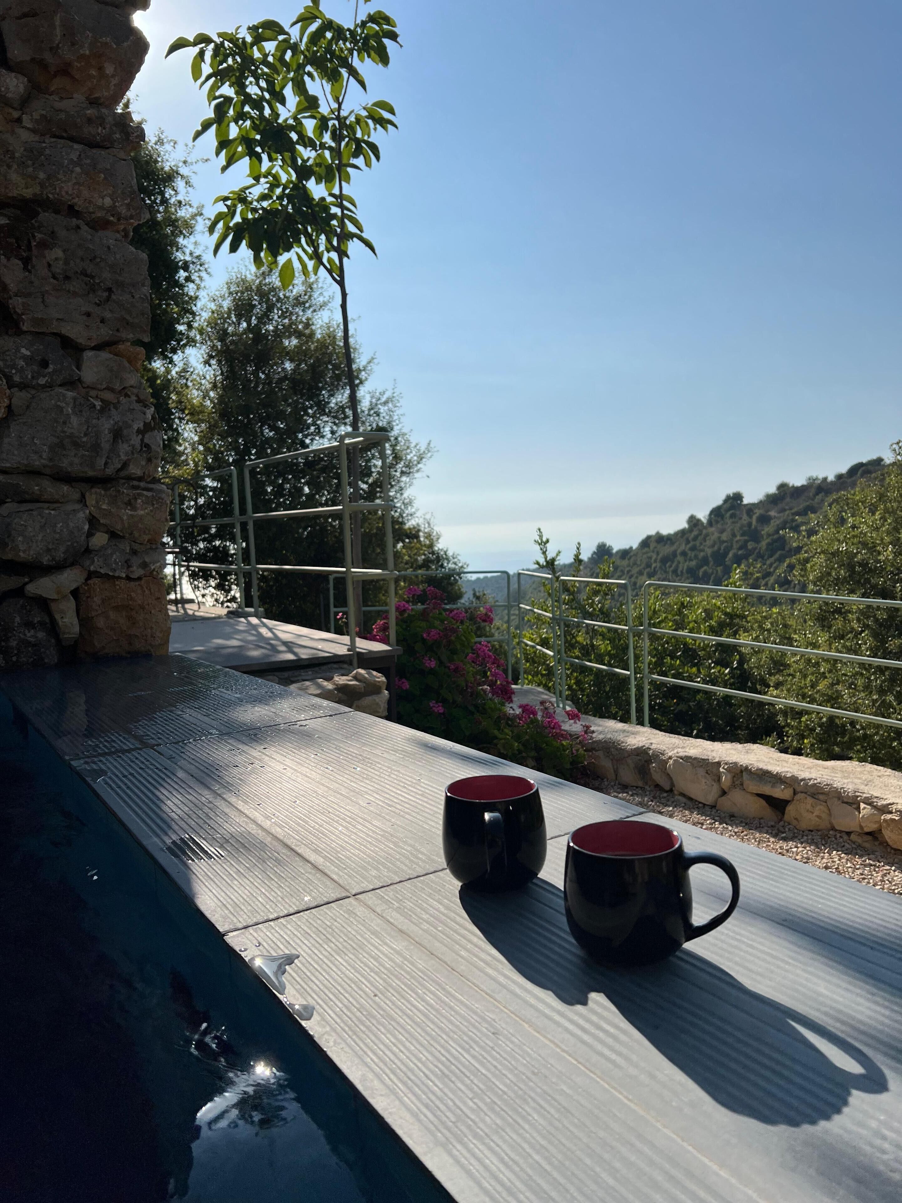 Una terraza con piscina, dos tazas negras y vistas al paisaje.
