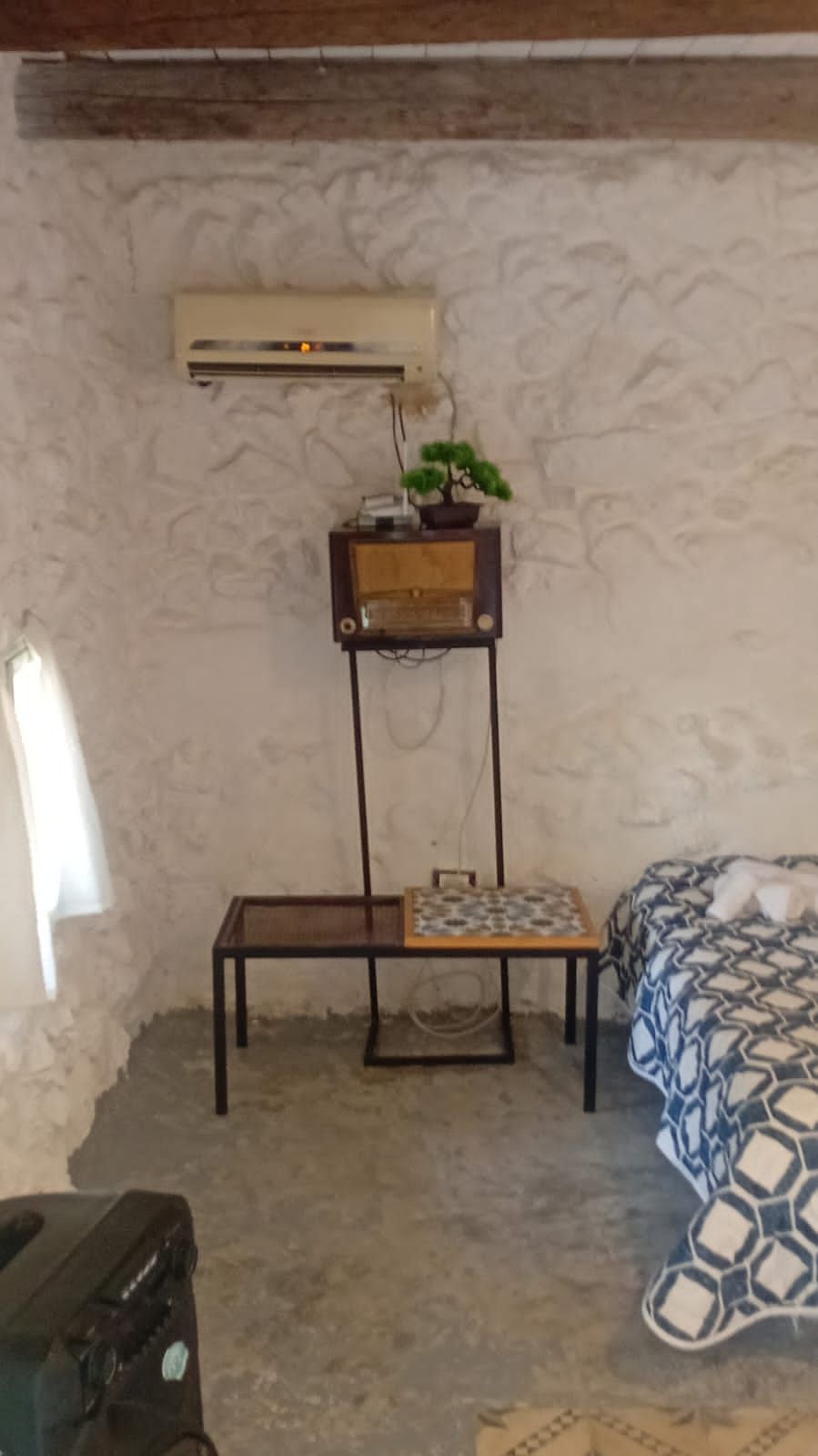A room with a bed, a small table with a patterned tablecloth, a potted plant on a wooden stand, and a suitcase on the floor.