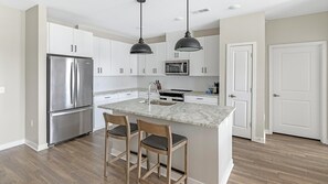 Fridge, dining tables