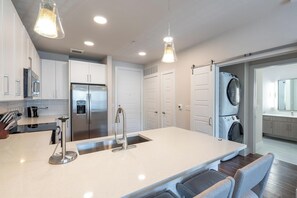 Fridge, dining tables