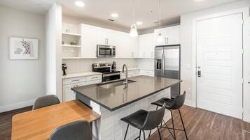 Fridge, dining tables