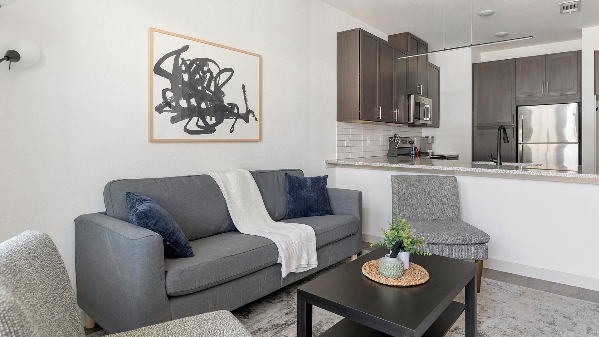 Un salon moderne avec un canapé gris, une table basse et un fauteuil gris. Un tableau abstrait encadré est accroché au mur, et on aperçoit en arrière-plan une cuisine avec des meubles sombres et des appareils électroménagers en acier inoxydable.