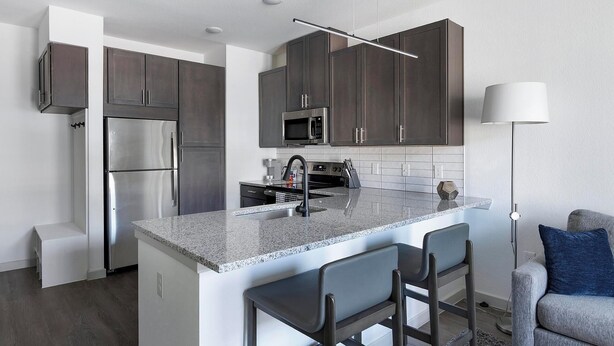 A modern kitchen with dark cabinets, stainless steel appliances, a granite countertop, and a bar area with chairs. - Landing | Modern 1BD, Yoga Studio, Clubhouse (Dallas)