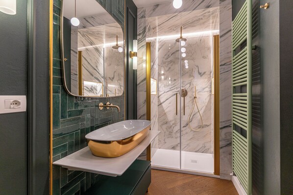 Shower, hair dryer, bidet, towels