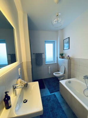 Secadora de cabello, toallas, jabón, papel de baño 