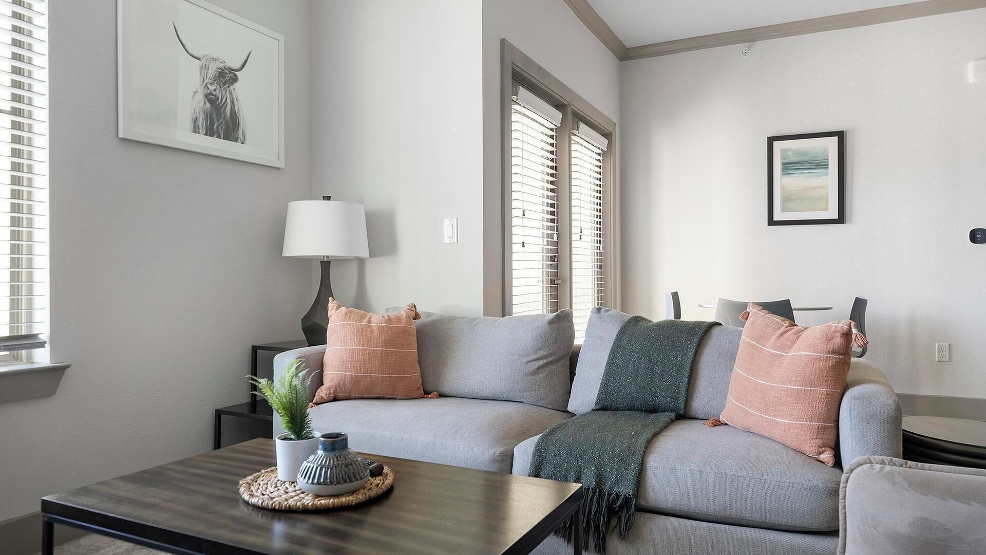 Ein Wohnzimmer mit grauem Sofa, einem Couchtisch, einer Lampe und einem Bilderrahmen mit einem Stierbild.