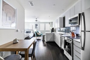 Fridge, dining tables