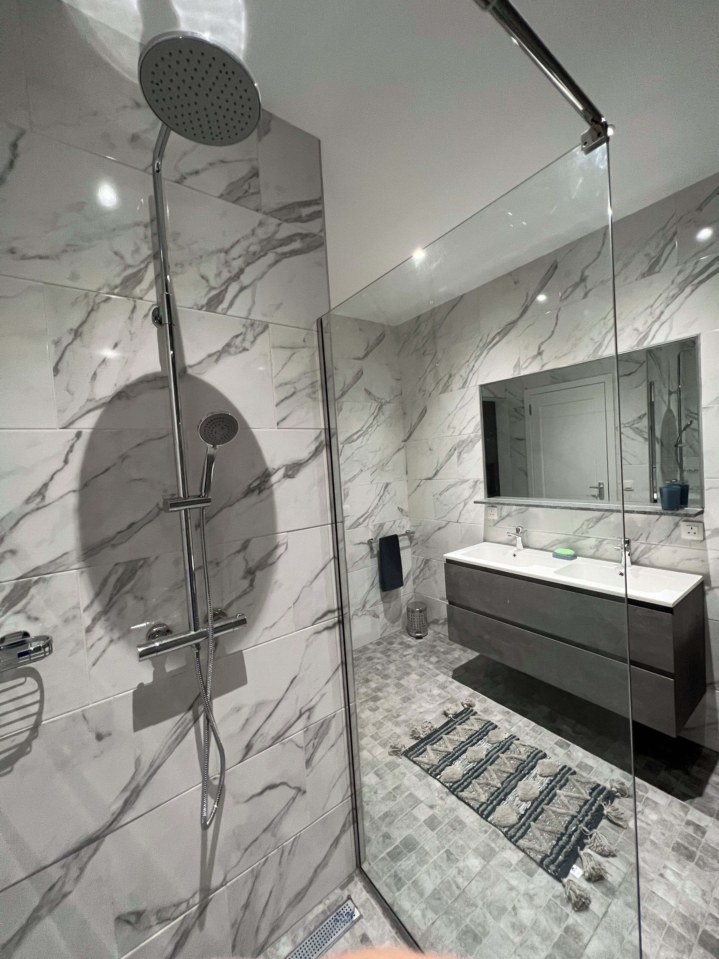 Shower, hair dryer, bidet, towels