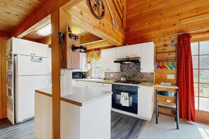Fridge, microwave, oven, stovetop - Cozy dog-friendly house w/ mountain & pond views, trails, firepit, bbq, patio (Smugglers Notch)
