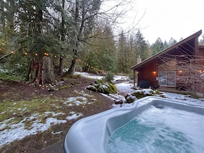 Een chalet met een hottub in een bebost gebied.