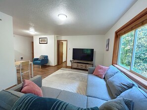 Smart TV, fireplace, books, stereo