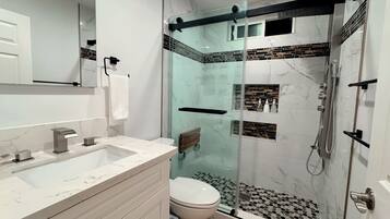 Regadera, secadora de cabello, toallas, jabón