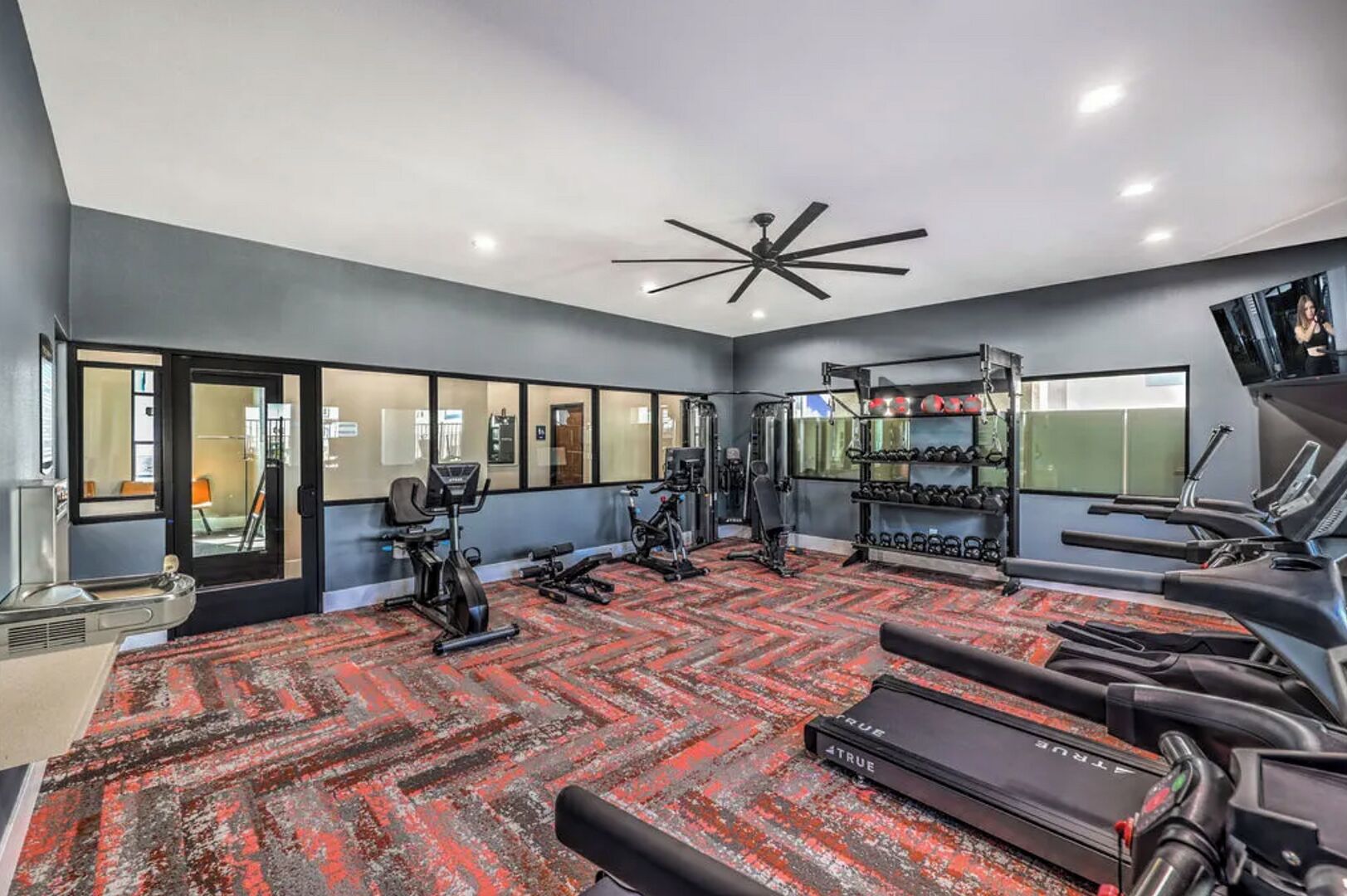 Un gimnasio con cintas de correr, máquinas de pesas y una alfombra roja estampada.