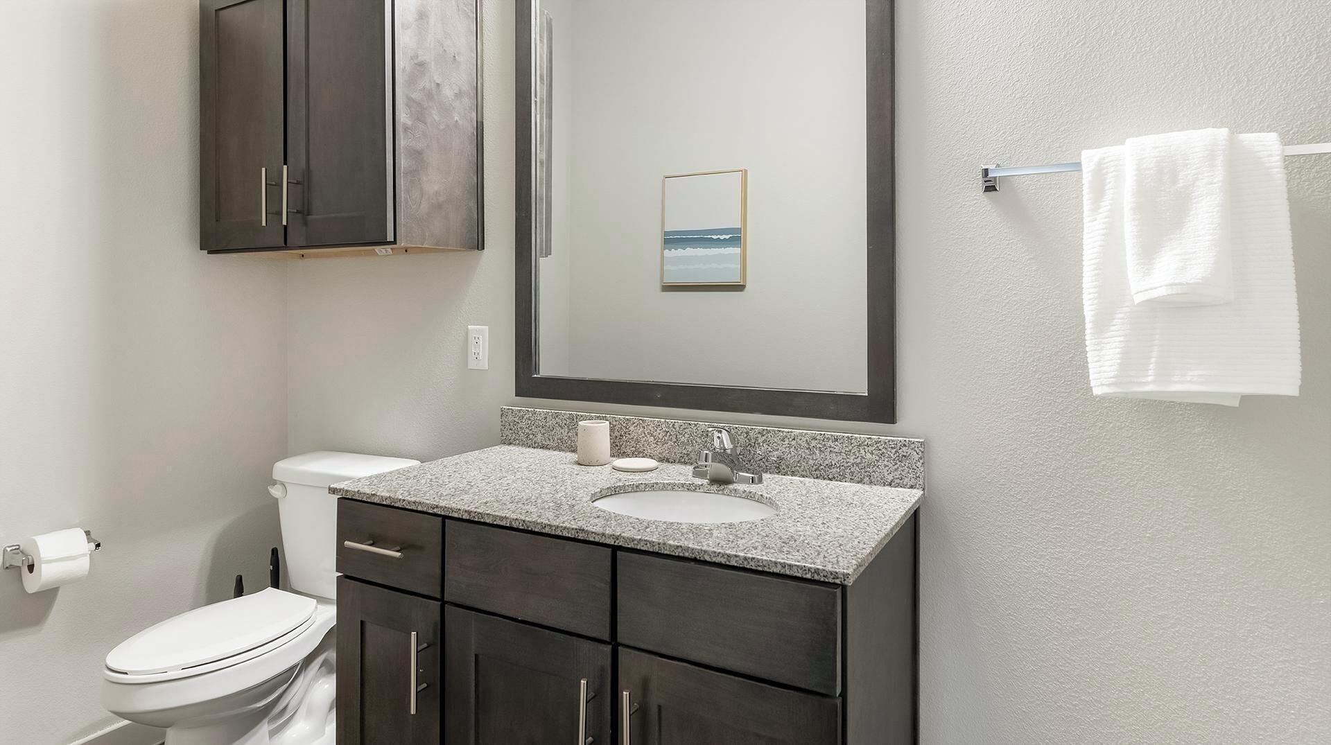 A bathroom with a toilet, dark cabinets, a granite countertop, a sink, and a large mirror with a framed picture.