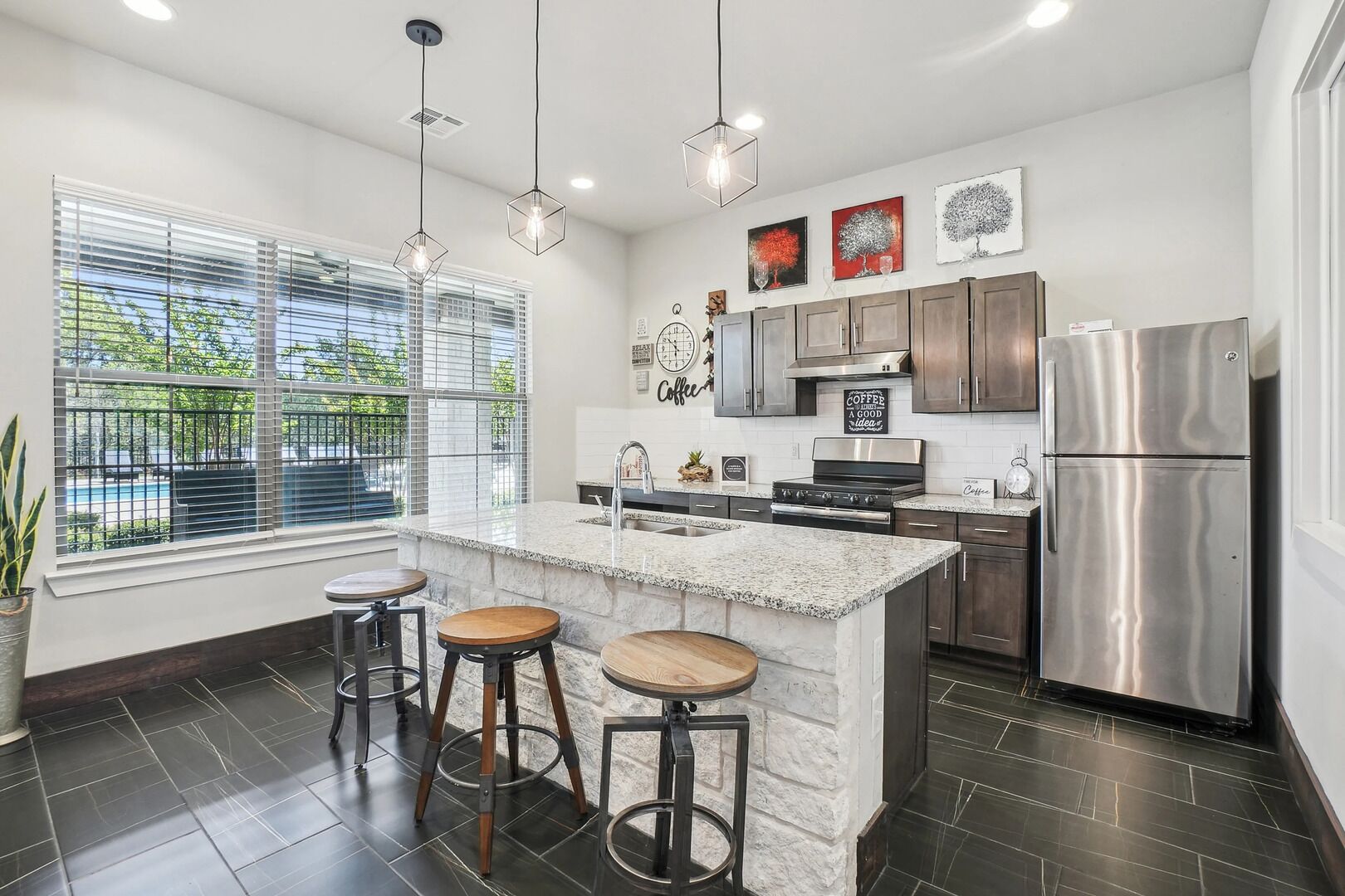 Fridge, dining tables
