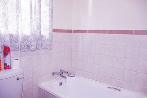 Hair dryer, towels, soap, toilet paper