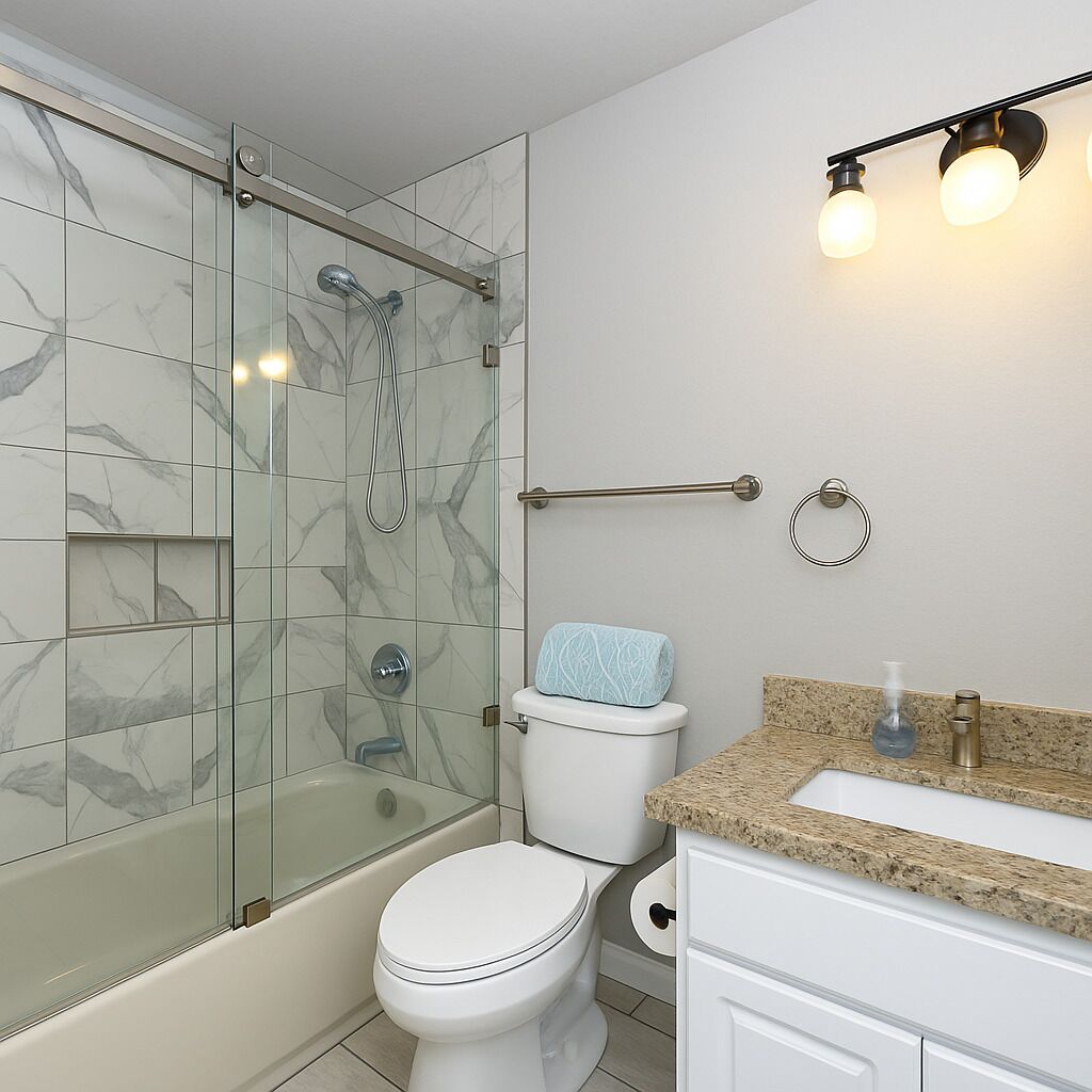 A bathroom with a glass-enclosed shower, a toilet, and a sink with a granite countertop.