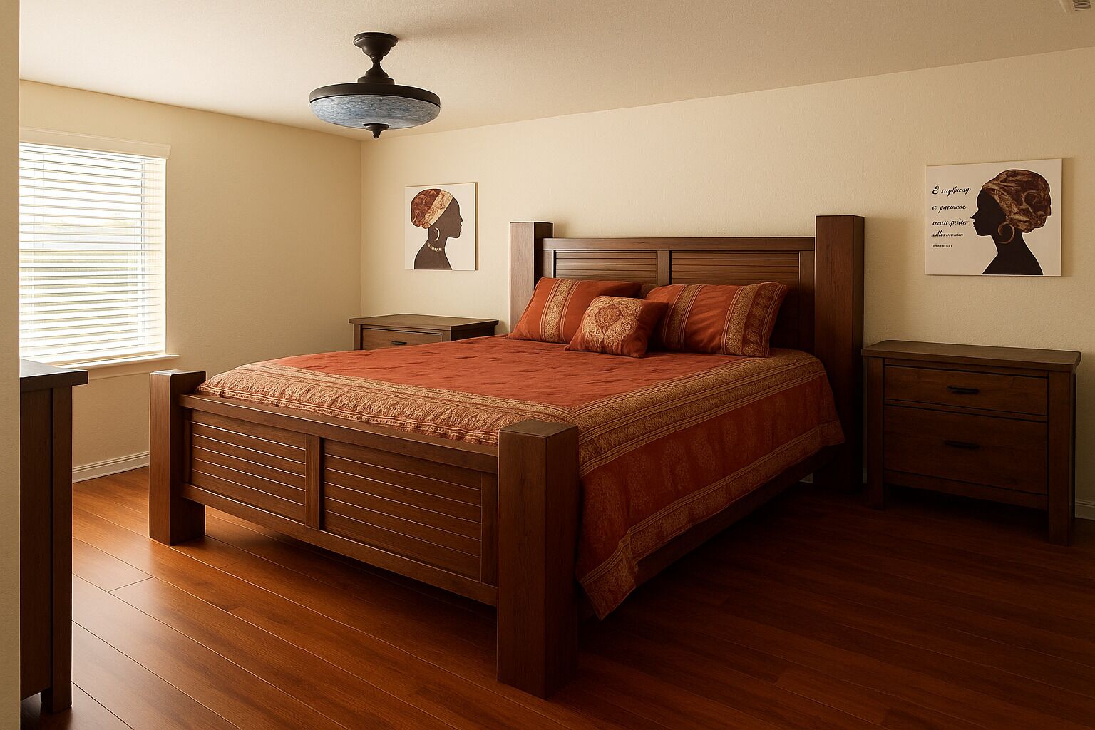 Un dormitorio con cama de madera, mesita de noche, cómoda y ventilador de techo.