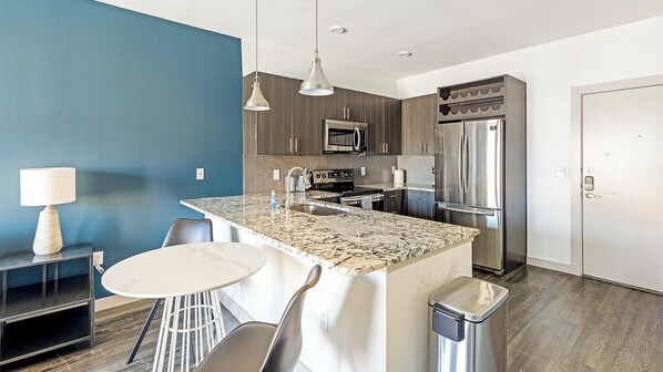 Fridge, dining tables