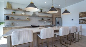 Fridge, dining tables