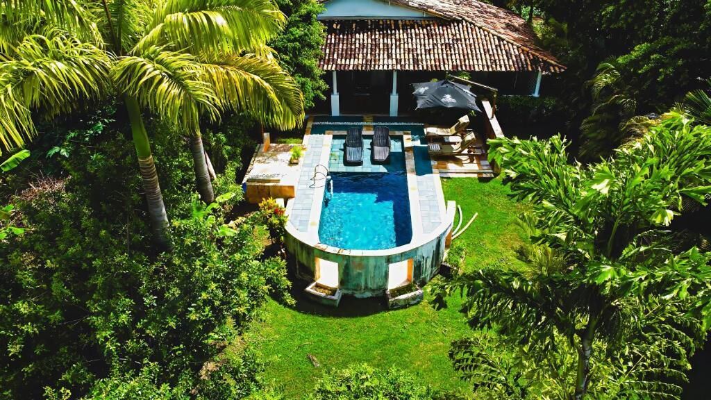 An aerial view of a private pool surrounded by lush greenery and a thatched-roof structure.