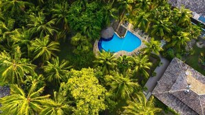 Luchtbeeld van een resort met een centraal gelegen zwembad, omringd door weelderige palmbomen en een gebouw met rieten dak.