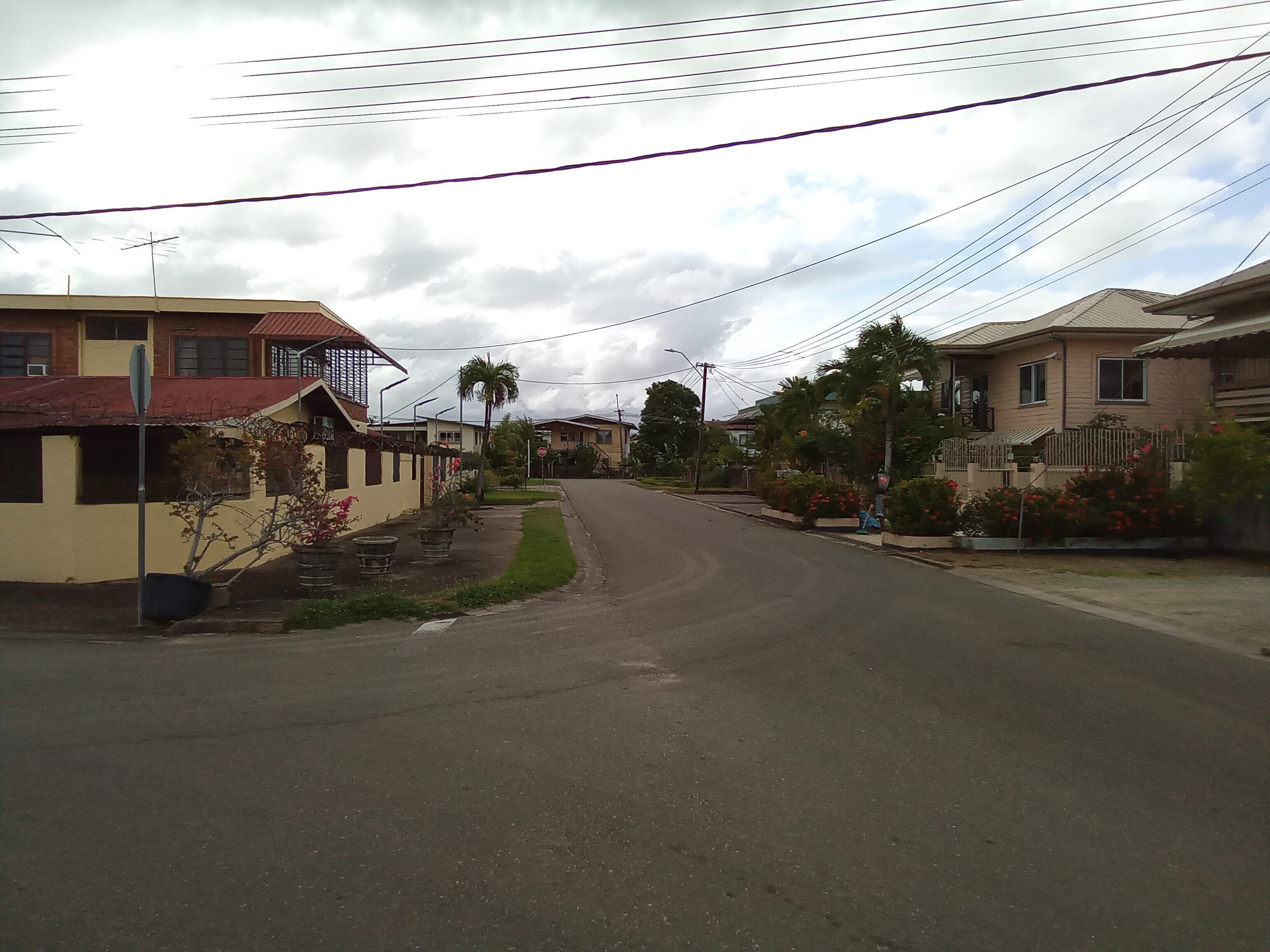 Une rue résidentielle bordée de maisons, avec des lignes électriques et un ciel dégagé.