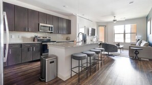 Fridge, dining tables