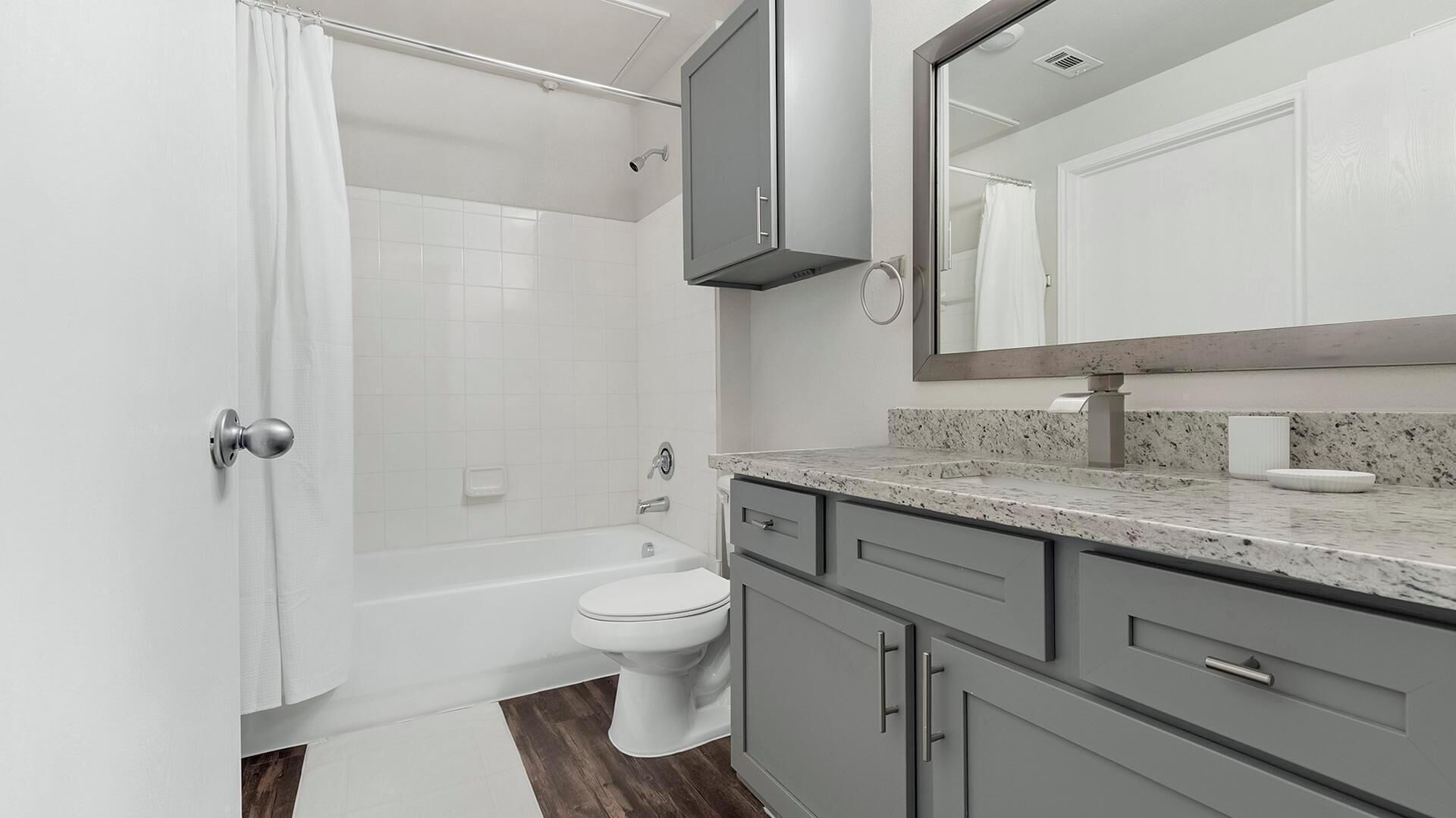 A modern bathroom with a shower, toilet, and vanity with a mirror.