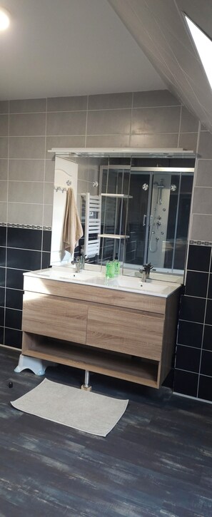 Shower, hair dryer, towels, toilet paper