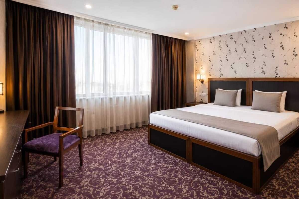 A hotel room with a large bed, a desk with a chair, a TV, and a nightstand with a lamp.