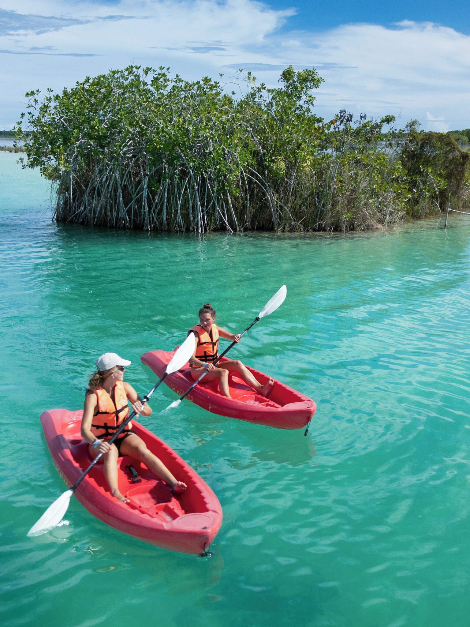 Two people kayaking in a clear turquoise sea with mangrove trees in the background.