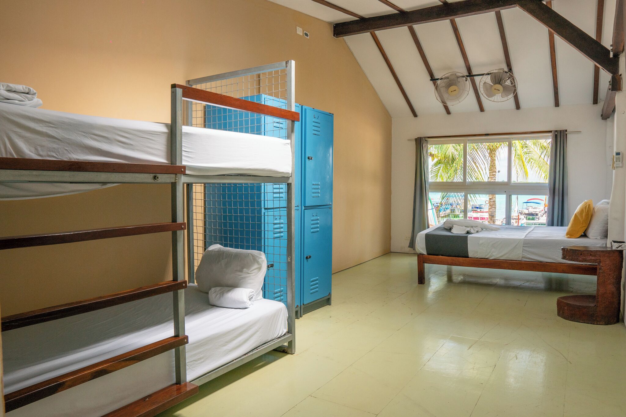 Une chambre de dortoir avec des lits superposés, un bureau et une fenêtre donnant sur des palmiers.