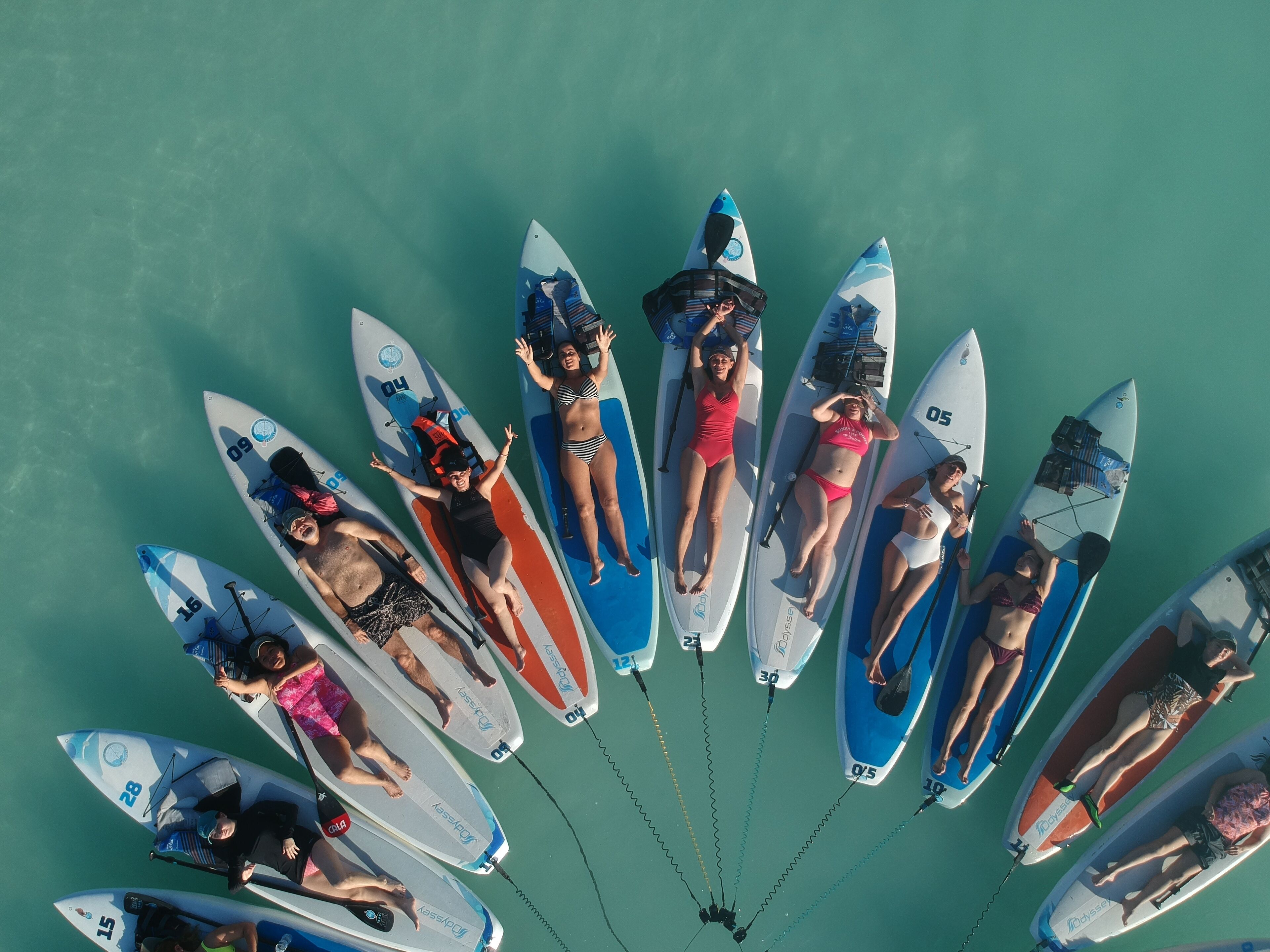 Un grupo de personas descansando sobre tablas de surf en un círculo sobre una masa de agua turquesa.