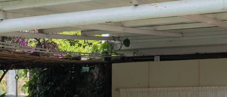 A covered outdoor seating area with a table and benches, surrounded by greenery and a decorative wall.
