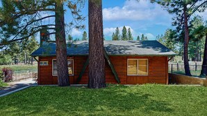 Une cabane en bois avec un toit vert, entourée d’arbres et d’une zone délimitée par une clôture.
