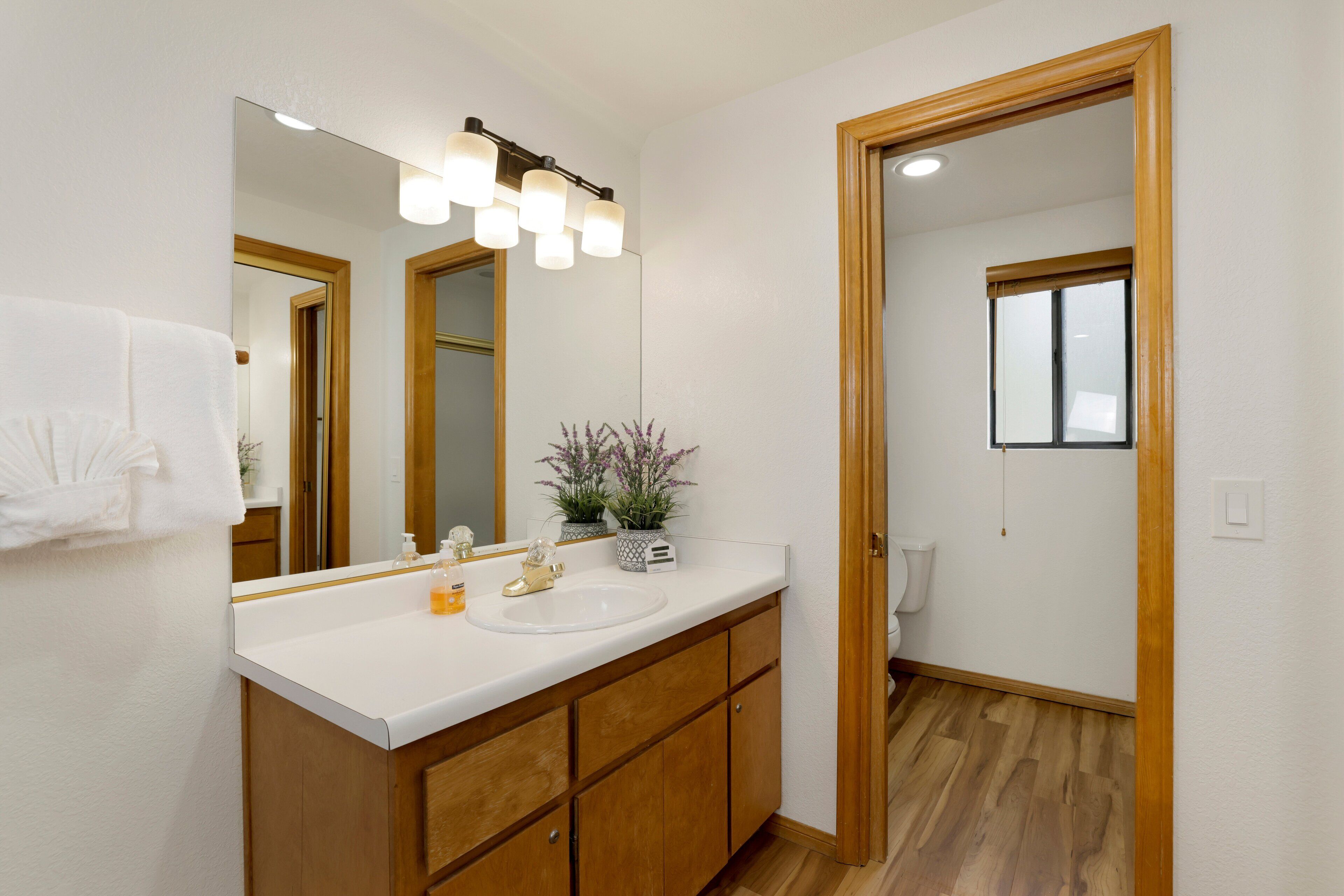A bathroom with a white sink, wooden cabinets, a mirror with lights, and a potted plant.