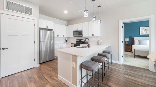Fridge, dining tables