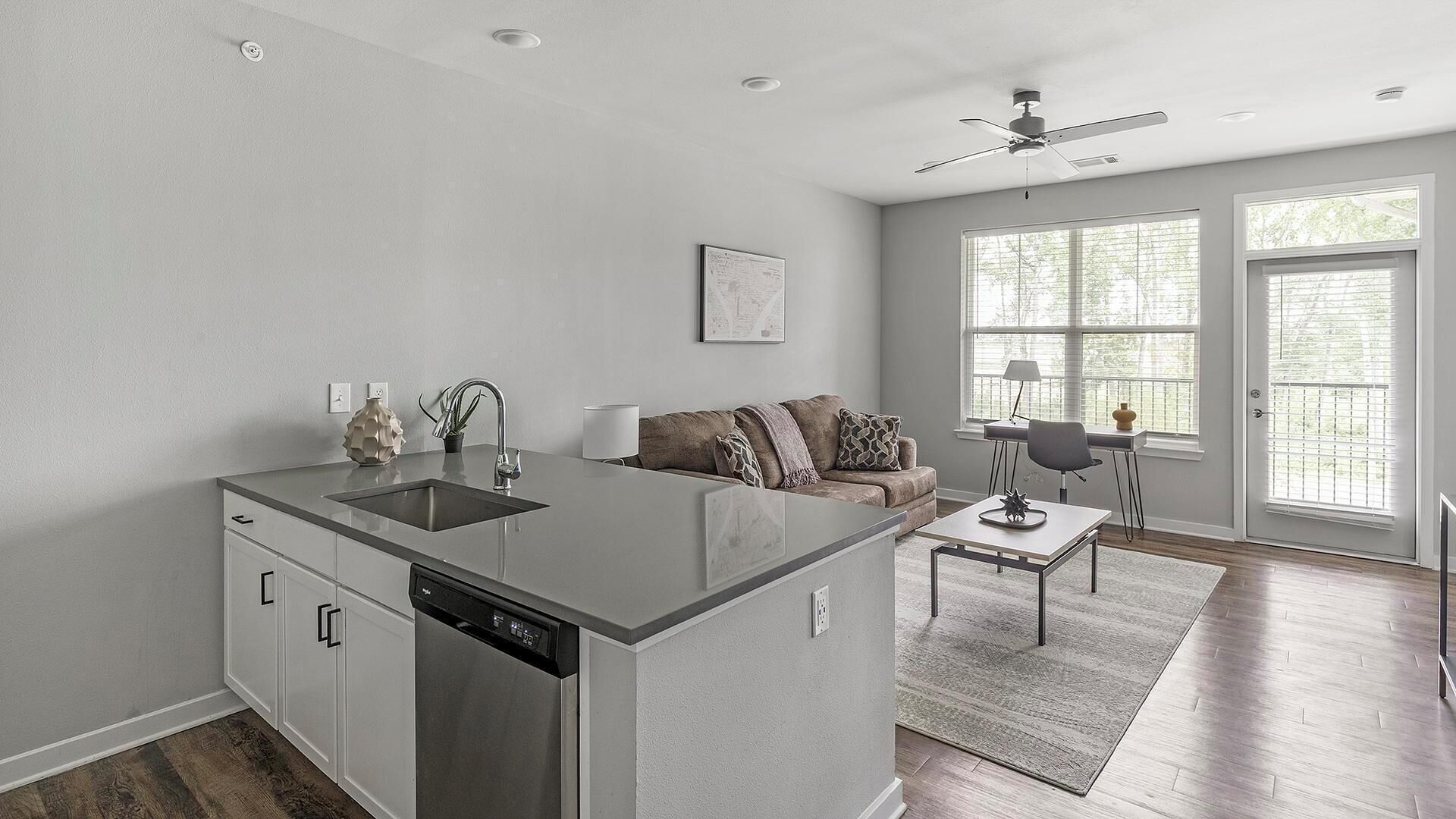 Een moderne keuken met een vaatwasser, een eethoek met een tafel en stoelen, en een bank.