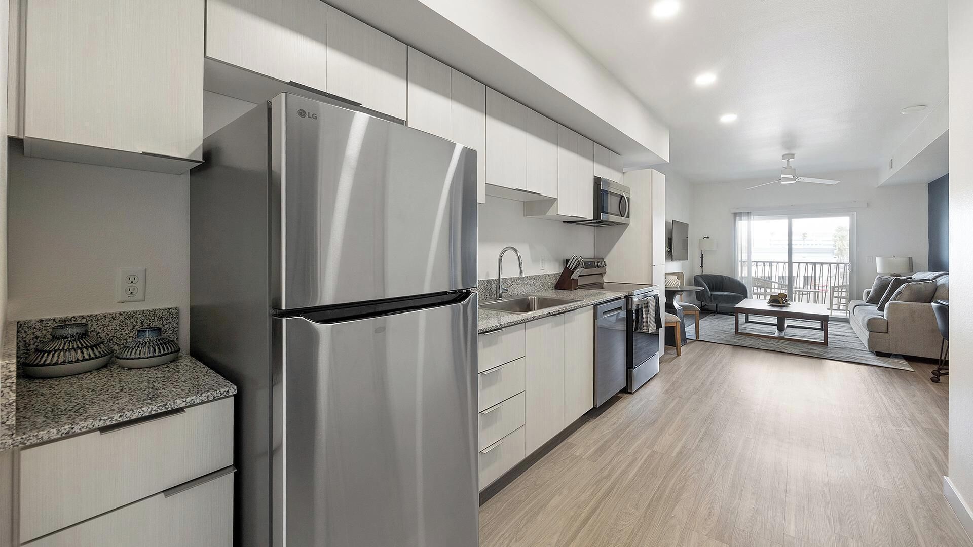 Fridge, dining tables