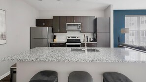 Fridge, dining tables