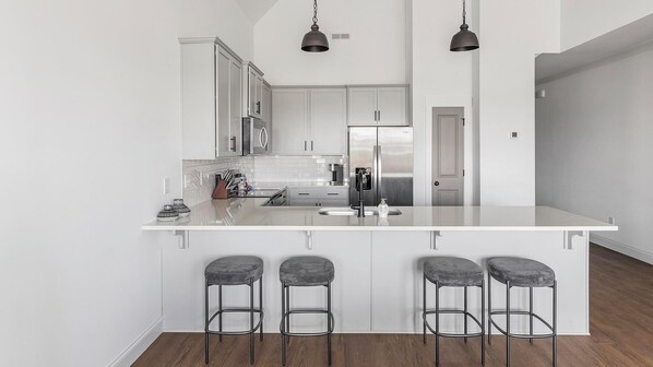 Fridge, dining tables