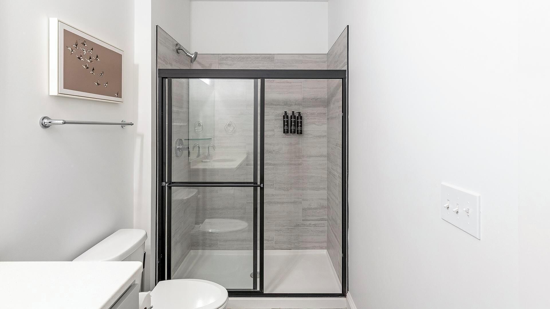 A modern bathroom with a glass-enclosed shower, a toilet, and a framed artwork on the wall.
