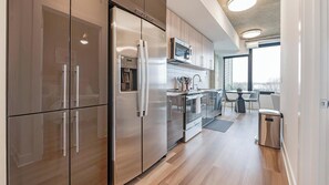 Fridge, dining tables