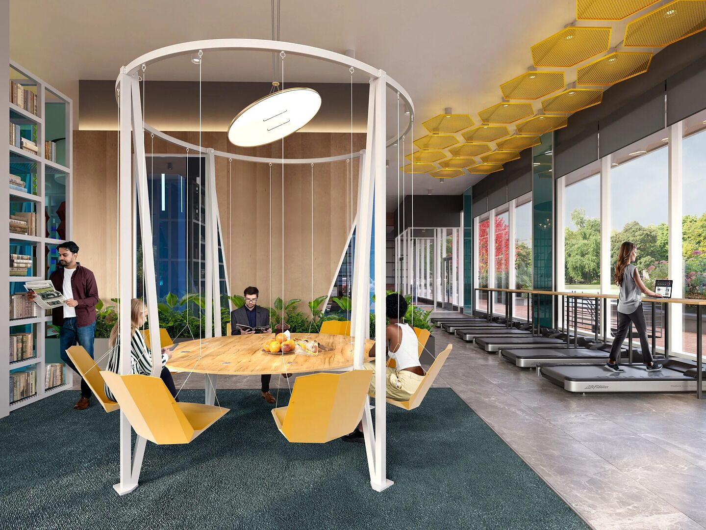Una sala de reuniones moderna con una mesa central, sillas amarillas y una lámpara colgante.