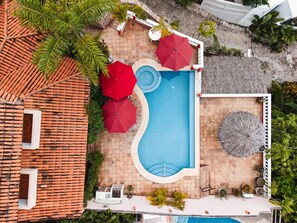 A rooftop pool with red umbrellas, a stone wall, and a palm tree. - Oceanview Getaway  Salt Pool (SAN FRANCISCO)
