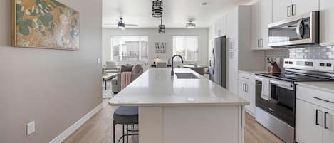 Fridge, dining tables