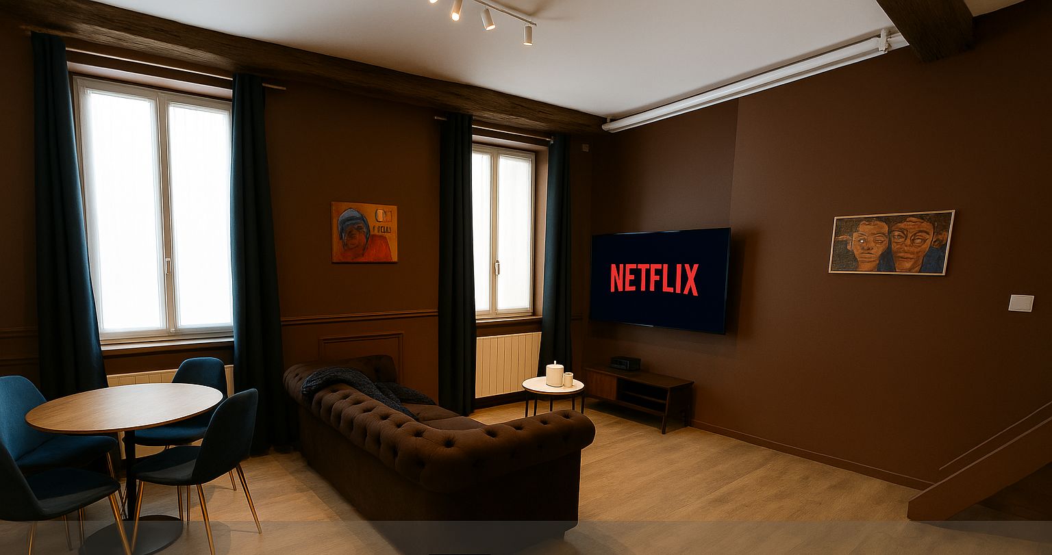 Een moderne woonkamer met een bruine bank, blauwe stoelen, een klein rond tafeltje en een grote flatscreen-tv waarop 'NETFLIX' staat.