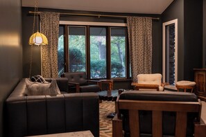 TV connectée, cheminée, livres, chaîne hi-fi