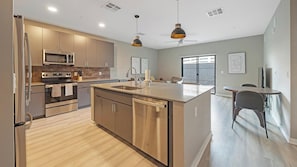 Fridge, dining tables